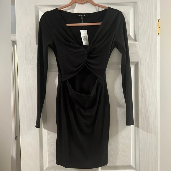 Fore Ribbed Knit Mini Dress Women's S Black Cut Out V-Neck Long Sleeves NWT - Picture 2 of 5